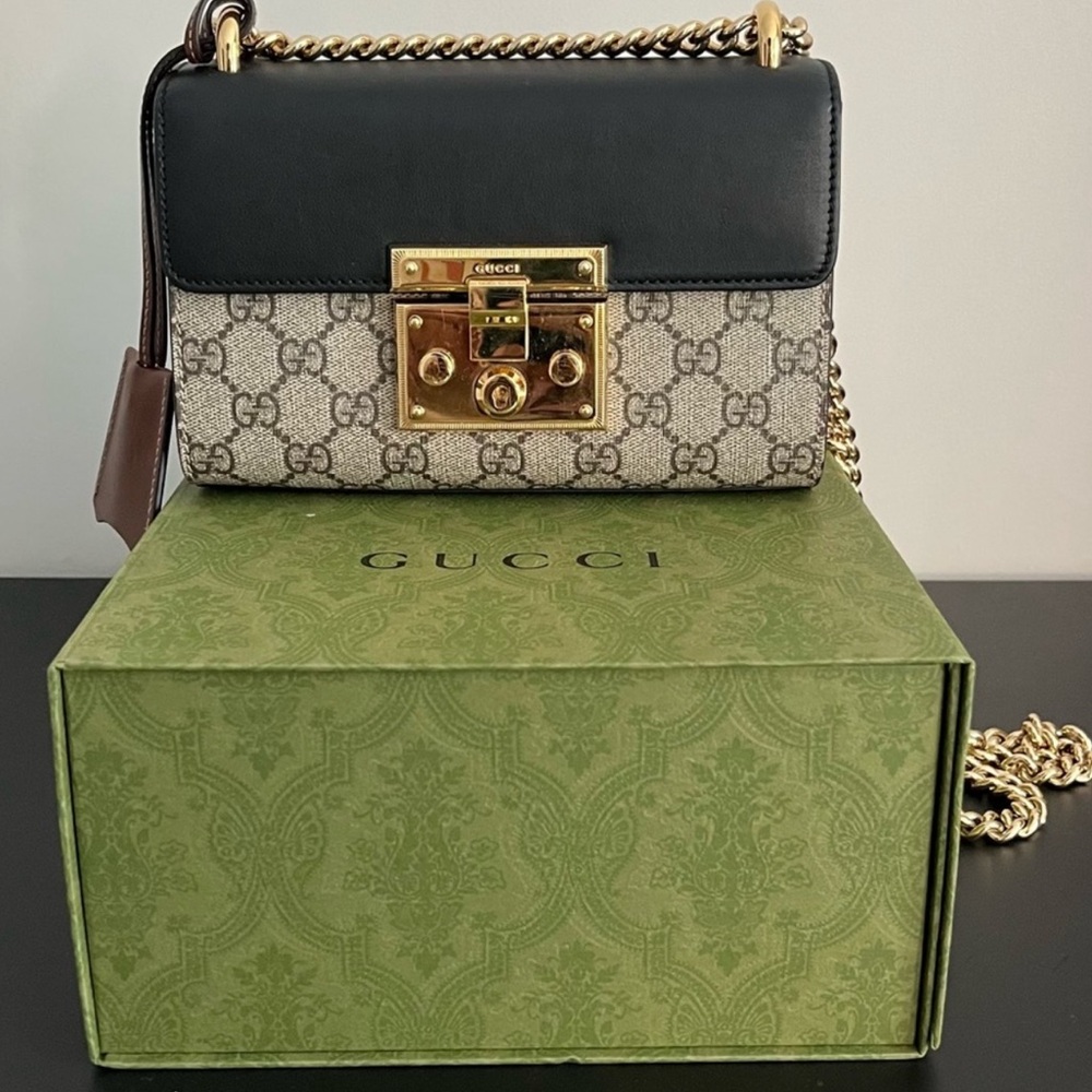Gucci Black and Beige Padlock small GG Crossbody Bag with Gold Accents